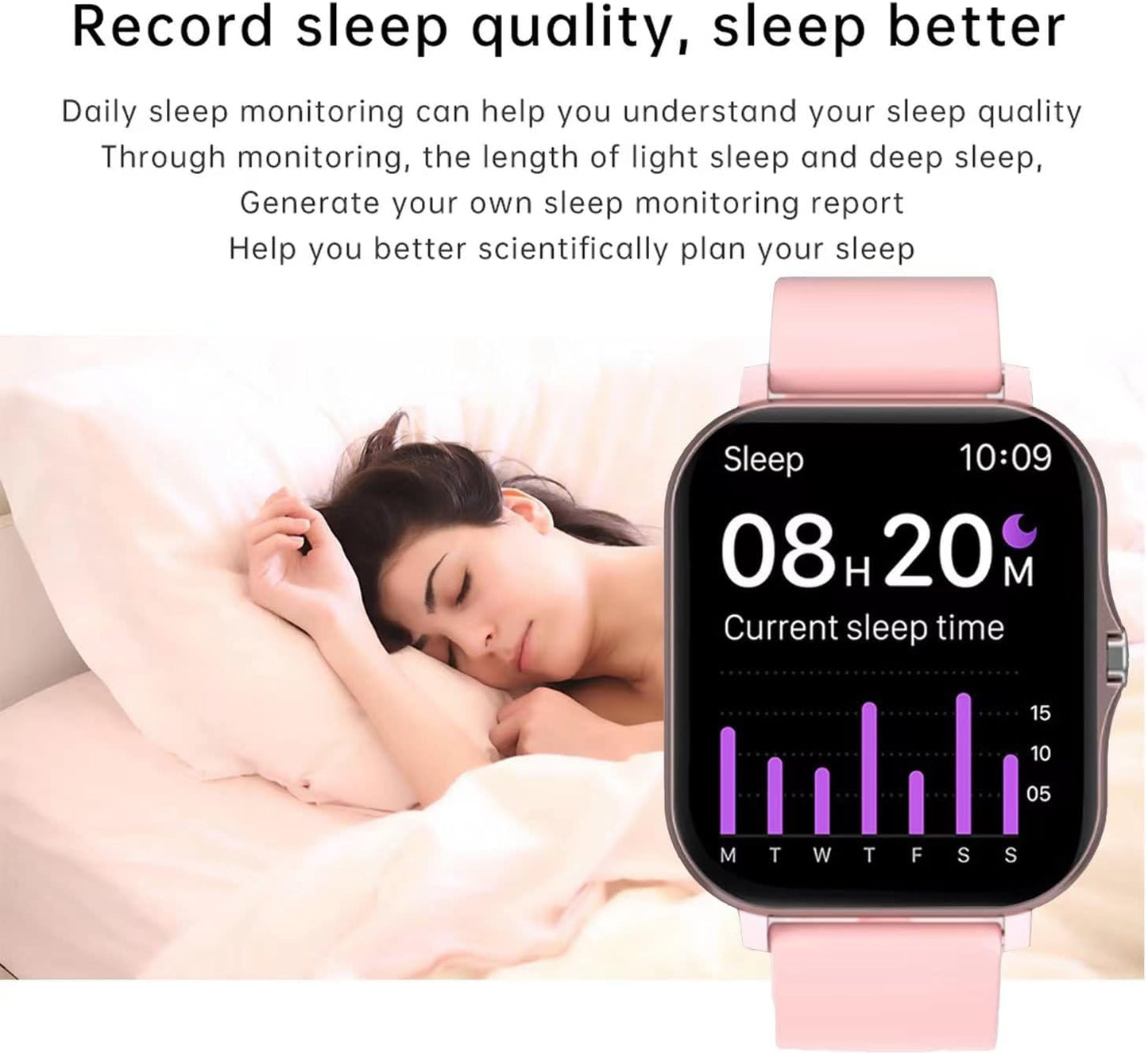 Smart Fitness Tracker Watch for Android/iOS - IP68 Waterproof, Heart Rate and Blood Oxygen Monitoring, Sleep Tracking, 8 Sports Modes, Breath Training, Weather Updates - 1.69-Inch Display for Men and Women in Rose Gold
