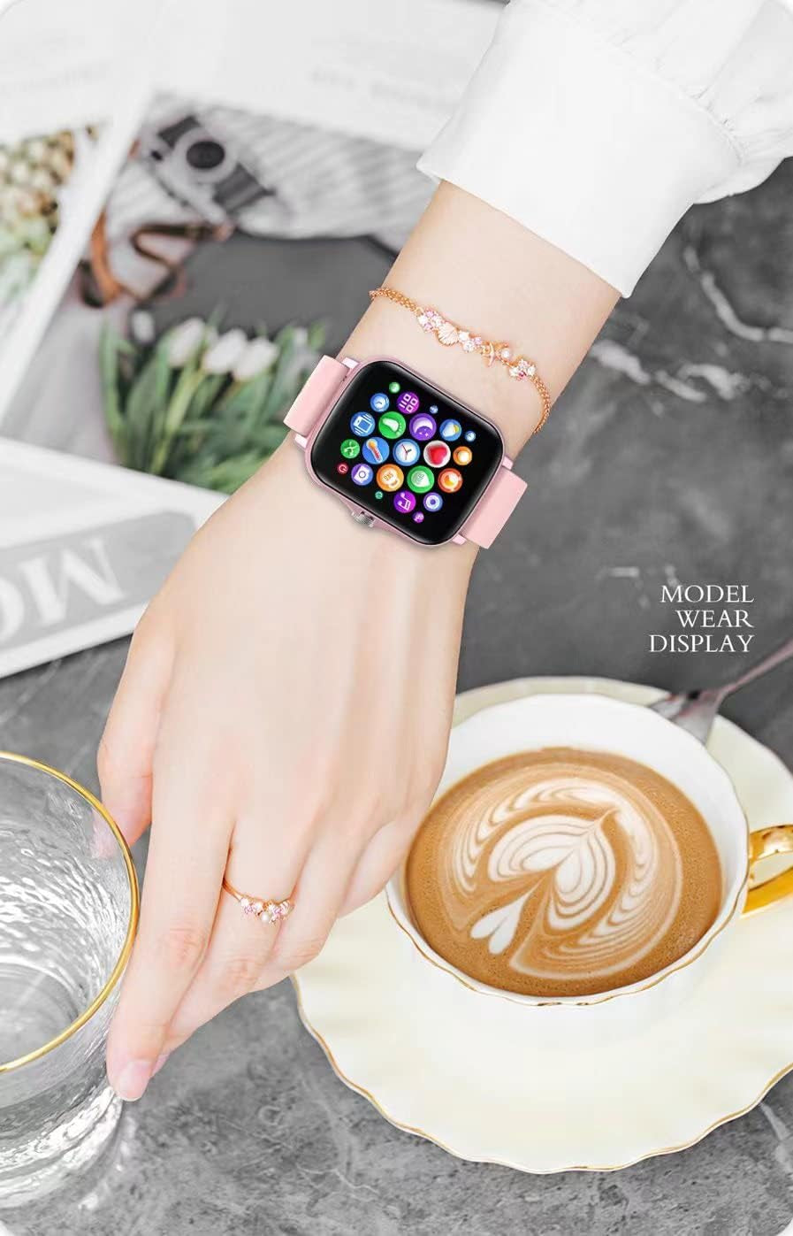 Smart Fitness Tracker Watch for Android/iOS - IP68 Waterproof, Heart Rate and Blood Oxygen Monitoring, Sleep Tracking, 8 Sports Modes, Breath Training, Weather Updates - 1.69-Inch Display for Men and Women in Rose Gold