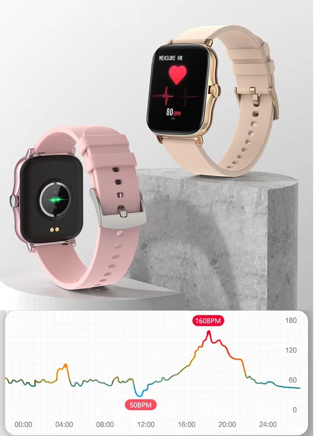 Smart Fitness Tracker Watch for Android/iOS - IP68 Waterproof, Heart Rate and Blood Oxygen Monitoring, Sleep Tracking, 8 Sports Modes, Breath Training, Weather Updates - 1.69-Inch Display for Men and Women in Rose Gold