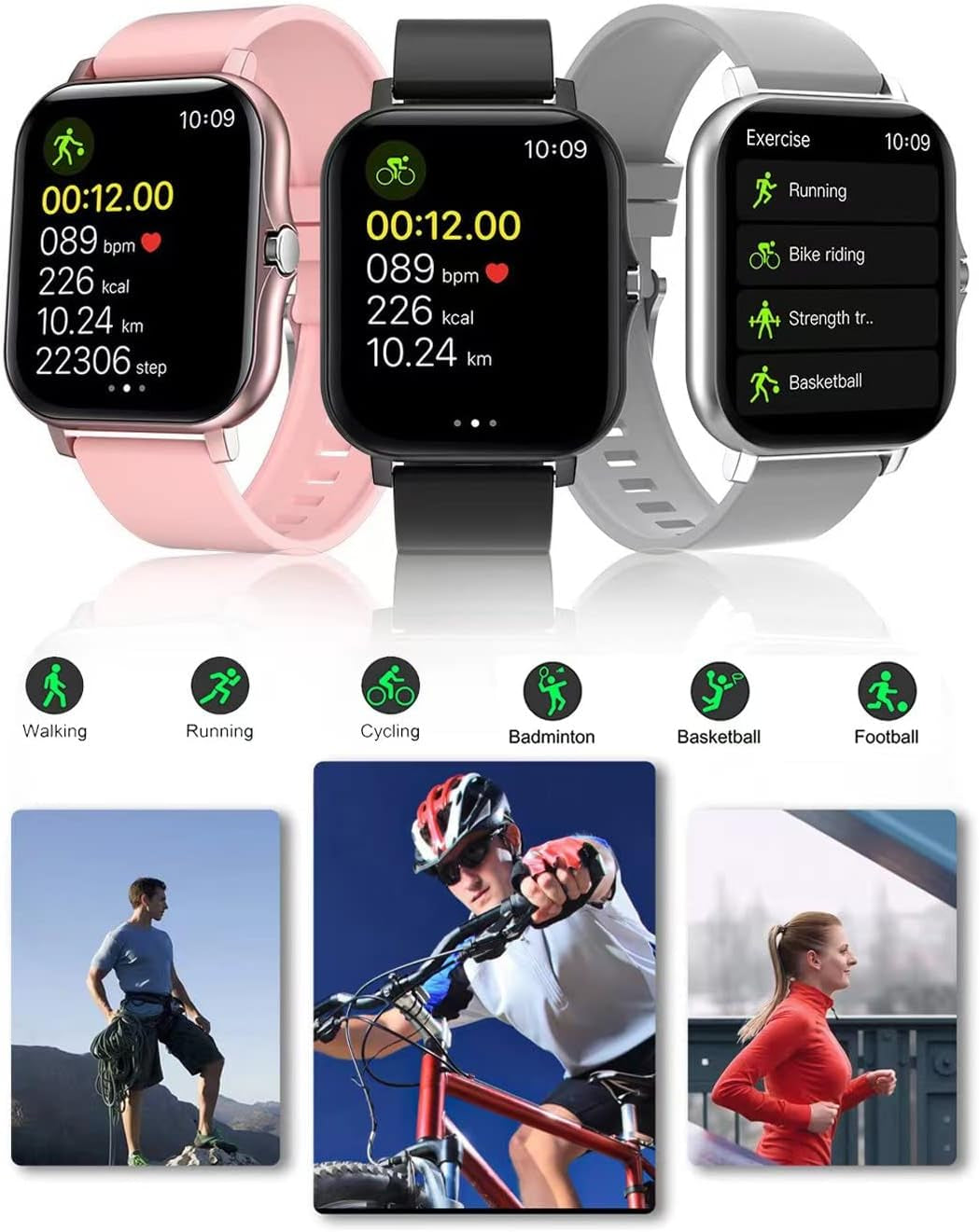 Smart Fitness Tracker Watch for Android/iOS - IP68 Waterproof, Heart Rate and Blood Oxygen Monitoring, Sleep Tracking, 8 Sports Modes, Breath Training, Weather Updates - 1.69-Inch Display for Men and Women in Rose Gold